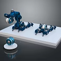 Blue Mechanical Robot Game Movie Character With Multiple Components And Circular Part On White Platform