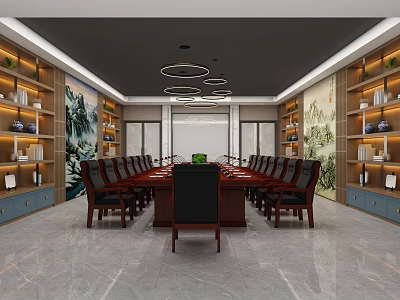Elegant Conference Room Interior With Long Wooden Table Ergonomic Chairs And Hanging Lights 3d model