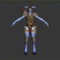 Blue Skinned Female Horned Game Character with Golden Armor and Red Bow