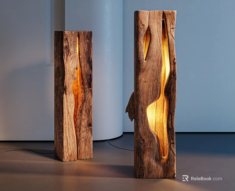 Natural Wooden Floor Lamps With Warm Light And Organic Texture In Modern Interior Design 3d model 