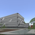 Modern Office Building Featuring Glass Curtain Wall Geometric Design Water Feature Greenery And Blue Sky
