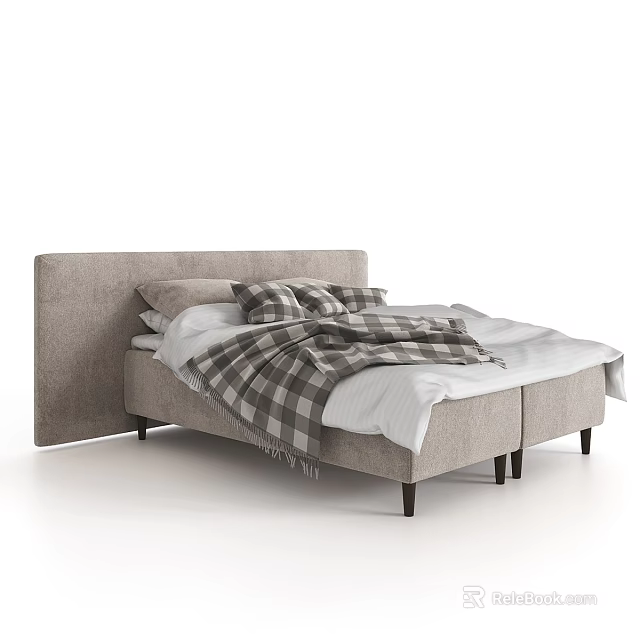 Modern Double Bed With Light Gray Upholstered Headboard And Plaid Blanket Pillows 3d model
