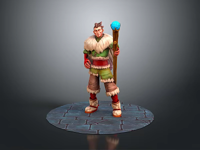 3D Character Model With Wooden Staff Blue Orb Fur Trimmed Clothing On Circular Stone Platform 3d model