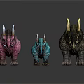 Three Colorful Horned Fantasy Creatures Standing As 3D Models In Pink Blue And Dark Gray