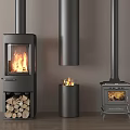 Various Black Fireplace Designs Including Glass Door Wood Storage and Cylindrical Models with Flames 3d model