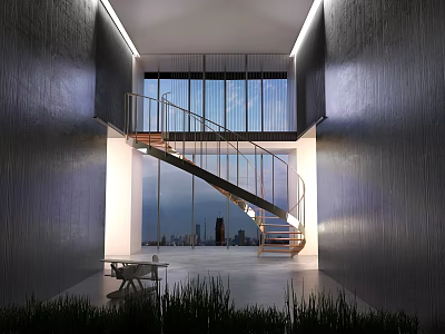 Modern Luxury Interior With Spiral Staircase Floor To Ceiling Windows And Cityscape 3d model