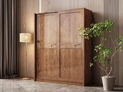 Natural Wood Sliding Door Wardrobe Interior With Floor Lamp Green Plant And Wooden Walls 3d model