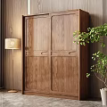 Natural Wood Sliding Door Wardrobe Interior With Floor Lamp Green Plant And Wooden Walls