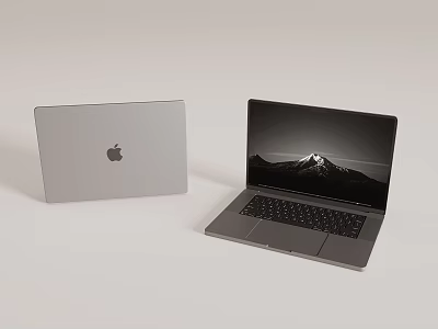 Apple Silver Laptops Closed And Open With Screen Displaying Mountain View And Keyboard 3d model
