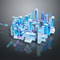 Cartoon Style 3D City Scene with Blue White Building Models and Reflections