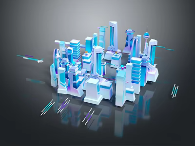 Cartoon Style 3D City Scene with Blue White Building Models and Reflections 3d model