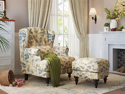 Floral Pattern Wingback Armchair With Green Throw Blanket And Matching Ottoman In Cozy Living Room 3d model