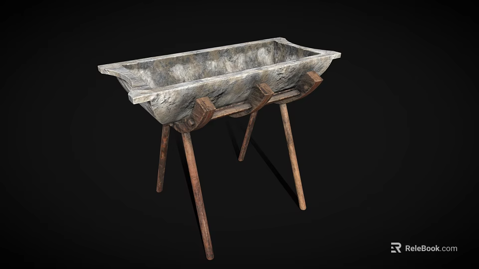 Rectangular Stone Sink With Rustic Wooden Tripod Stand And Natural Texture 3d model 