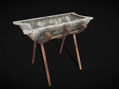 Rectangular Stone Sink With Rustic Wooden Tripod Stand And Natural Texture 3d model