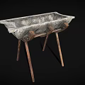 Rectangular Stone Sink With Rustic Wooden Tripod Stand And Natural Texture 3d model