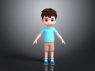 3D Game Movie Character With Brown Hair Blue Shirt Khaki Shorts And Blue Shoes 3d model