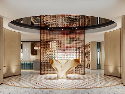 Elegant Modern Restaurant Lobby With Revolving Door Golden Reception Desk Geometric Tiles And Wooden Walls 3d model