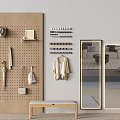 Two Gold Framed Rectangular Mirrors Alongside Wooden Pegboard Bench in Modern Room Reflecting Interior Space 3d model