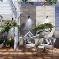 Rooftop Garden Design With Gray Stone Walls White Pergola Wooden Deck And Colorful Flowers