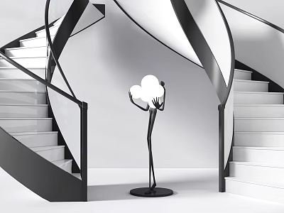 Spiral Staircase Design With Black Handrail White Steps And Cloud Shaped Floor Lamp 3d model