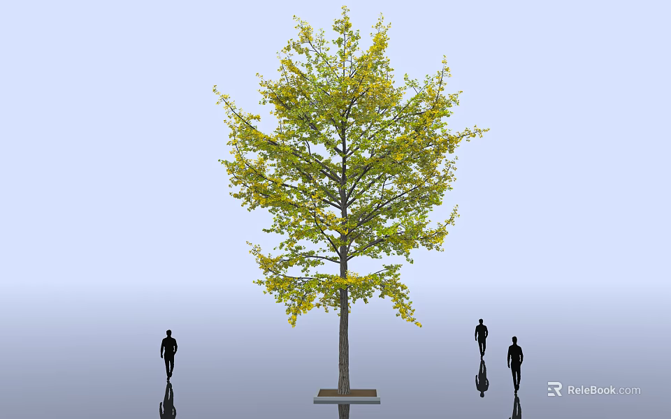 Tall Arbor Tree With Yellow Leaves And People Silhouettes Against Light Blue Background 3d model 