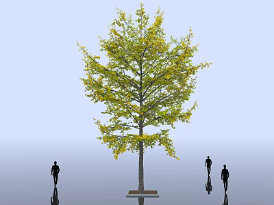 Tall Arbor Tree With Yellow Leaves And People Silhouettes Against Light Blue Background 3d model