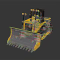 Yellow Bulldozer Construction Vehicle With Large Blade And Tracks On Dark Background