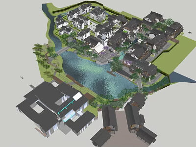Traditional Style Commercial Street With River Greenery And Scenic Waterfront Buildings 3d model