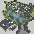 Traditional Style Commercial Street With River Greenery And Scenic Waterfront Buildings