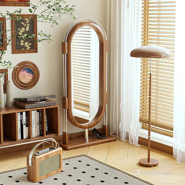 Wooden Framed Full Length Mirror In Cozy Living Room 3d model 