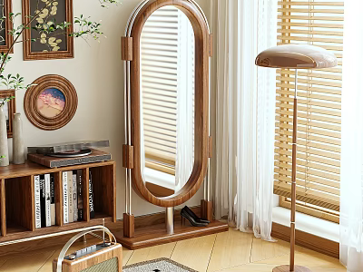 Wooden Framed Full Length Mirror In Cozy Living Room 3d model