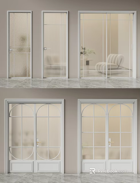 White Double Doors With Glass Panels In Modern Interior Living Space 3d model 