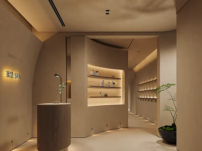 Modern Luxury Beauty and Hair Salon Interior with Reception Desk Display Shelves and Green Plant 3d model