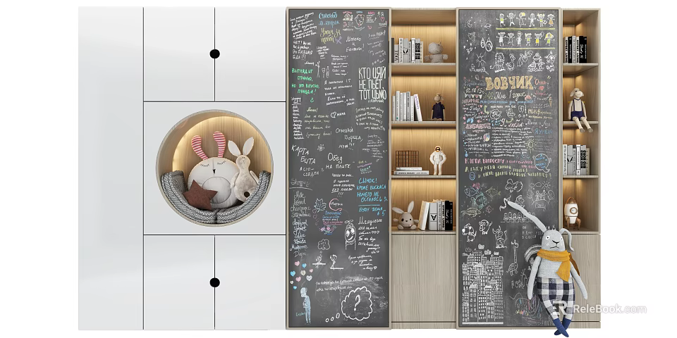 Creative Bookcase With Chalkboard Panels Open Compartments Books And Rabbit Doll Decorations 3d model 