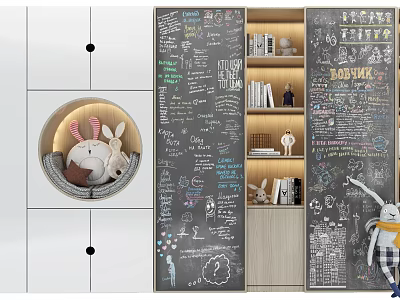 Creative Bookcase With Chalkboard Panels Open Compartments Books And Rabbit Doll Decorations 3d model