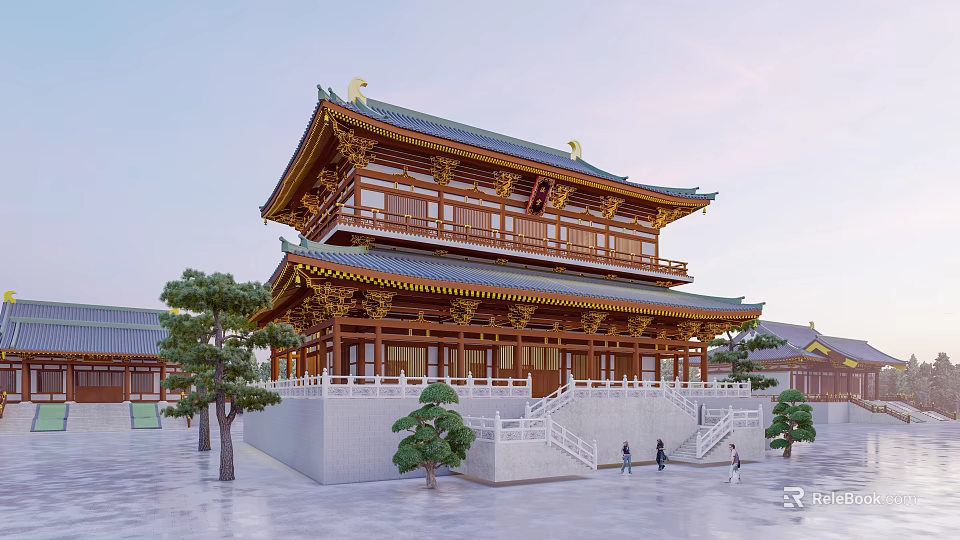 Ancient Architecture Two Story Wooden Building With Golden Decorations Surrounding Trees Stone Steps And People 3d model 