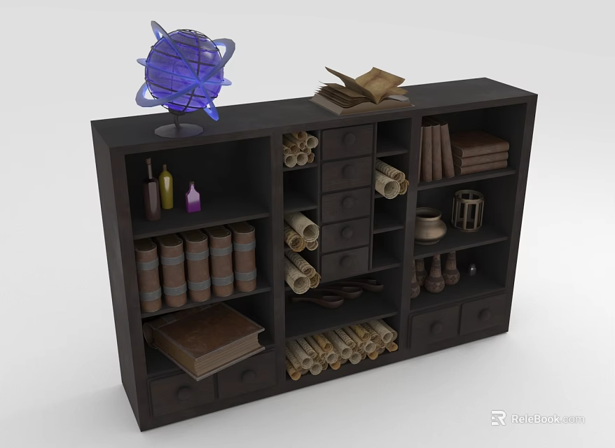 Dark Wooden Bookcase With Purple Spherical Decoration Open Books Scrolls Jars And Drawers 3d model 