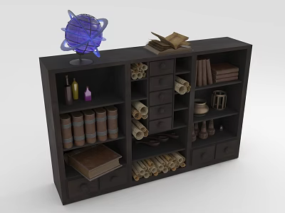 Dark Wooden Bookcase With Purple Spherical Decoration Open Books Scrolls Jars And Drawers 3d model