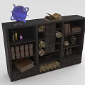 Dark Wooden Bookcase With Purple Spherical Decoration Open Books Scrolls Jars And Drawers