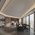 Modern Elegant Office Interior With Large Windows City View Sofa Green Plants And Wooden Bookshelves