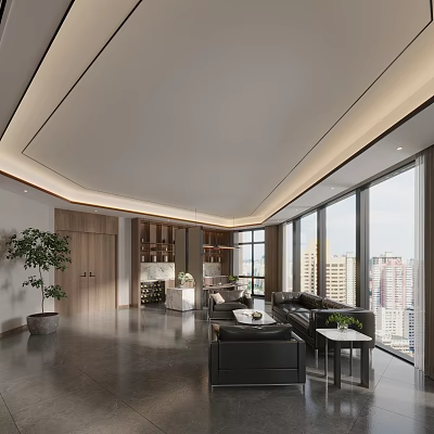 Modern Elegant Office Interior With Large Windows City View Sofa Green Plants And Wooden Bookshelves 3d model