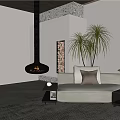 Modern Black Suspended Fireplace With Wood Storage Compartment White Sofa And Palm Plant