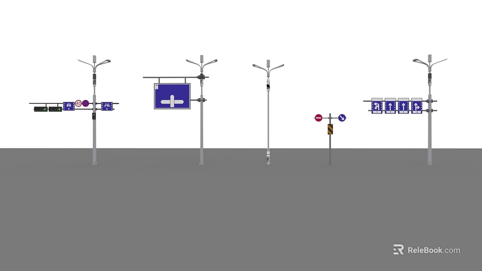 Different Street Lamps With Blue Traffic Signs And White Lamp Posts 3d model 