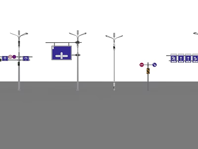Different Street Lamps With Blue Traffic Signs And White Lamp Posts 3d model