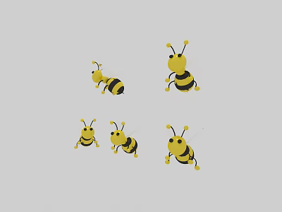 Cute Yellow And Black Bees In Various Flying Poses On Gray Background 3d model