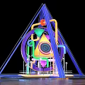 Vibrant Abstract Mechanical Sculpture Featuring Blue Triangular Frame Circular Elements And Reflective Base 3d model