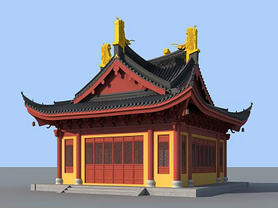Traditional Ancient Chinese Architecture with Yellow Roof Ornaments Red Pillars and Black Tiled Upturned Eaves 3d model