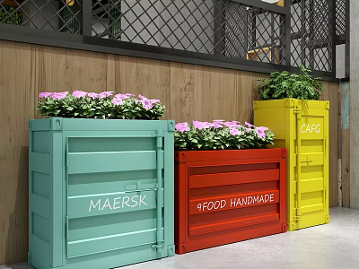 Colorful Container Planters With Flower Plants And Greenery For Garden Decor 3d model