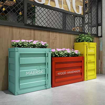 Colorful Container Planters With Flower Plants And Greenery For Garden Decor 3d model