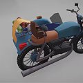Blue Motorcycle With Sidecar Brown Seats Yellow Cloth And Luggage Packages